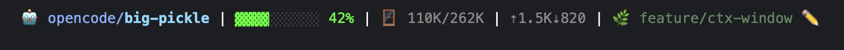 Provider-Aware Statusline: 🤖 opencode/big-pickle | ▓▓▓▓░░░░░░ 42% | 🪟 110K/262K | ⇡1.5K⇣820 | 🌿 feature/ctx-window ✏️